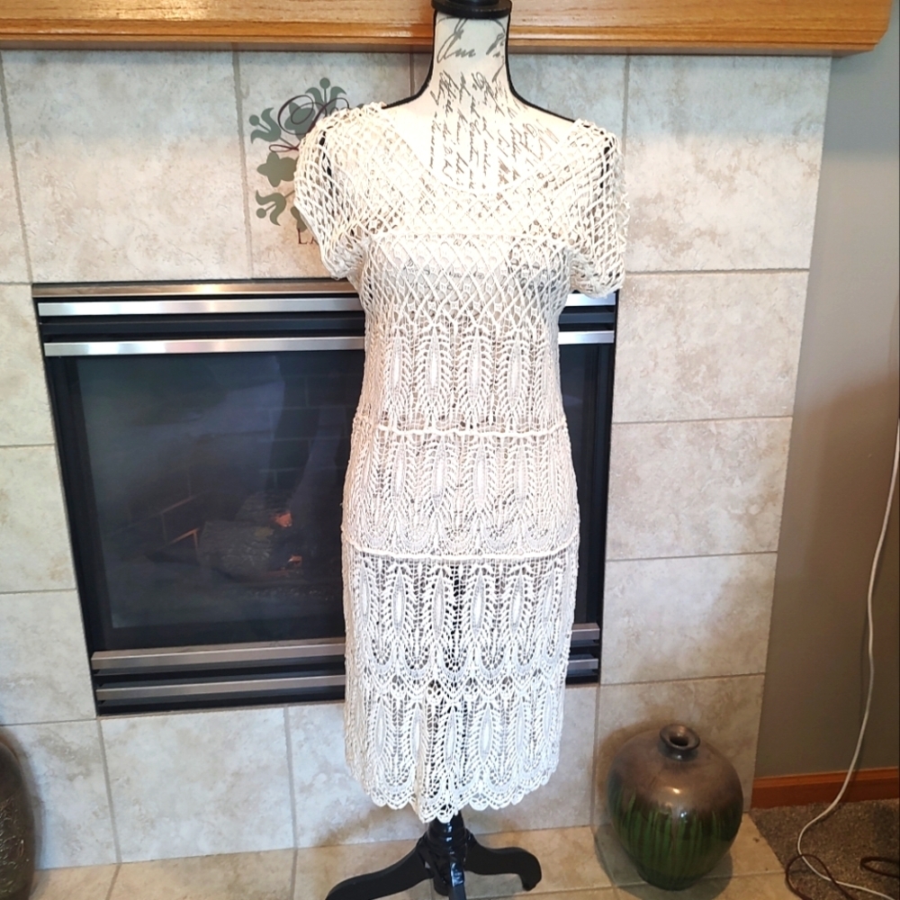 Solitaire Small Cream Crochet Swim Cover Up Dress!